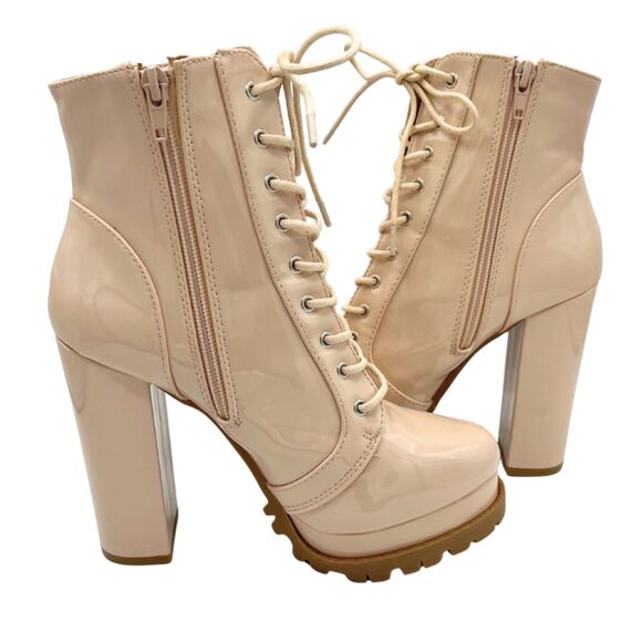 Wild Diva Lounge Vivian Nude Block Heel Platform Booties Size 7.5 Side Zip Lace - Picture 2 of 8